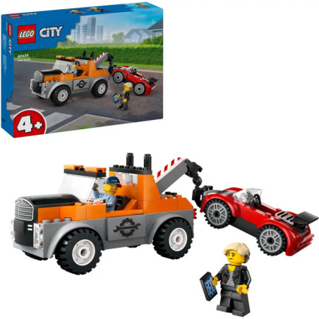 LEGO Abschleppwagen-Set mit Minifiguren und rotem Auto für Kinder ab 4 Jahren, Box im Hintergrund sichtbar. LEGO Abschleppwagen-Set mit Minifiguren und rotem Auto für Kinder ab 4 Jahren, Box im Hintergrund sichtbar.