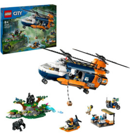 LEGO City Rettungshubschrauber-Set mit Minifiguren, Gorilla, kleiner Insel und Verpackung im Hintergrund.