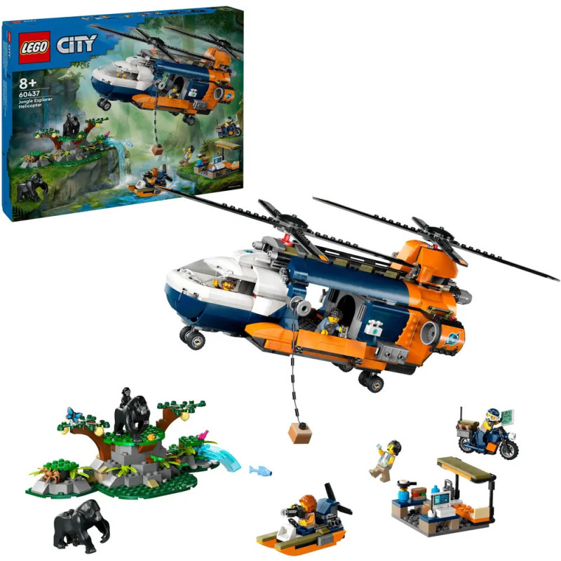 LEGO City Rettungshubschrauber-Set mit Minifiguren, Gorilla, kleiner Insel und Verpackung im Hintergrund.