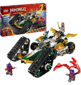 LEGO Ninjago Set mit Kettenfahrzeug, vier Minifiguren, rotem Drachen und Verpackung im Hintergrund.