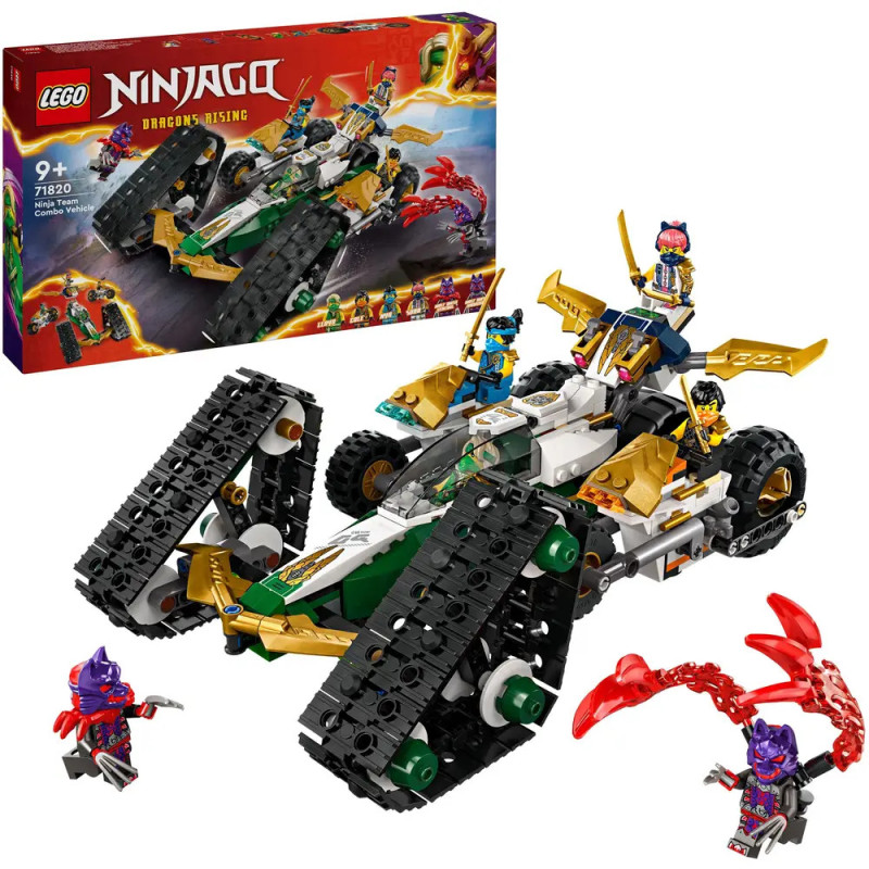 LEGO Ninjago Set mit Kettenfahrzeug, vier Minifiguren, rotem Drachen und Verpackung im Hintergrund.