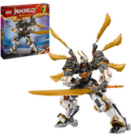 LEGO Ninjago Drachen-Mech mit goldenen Schwertern, präsentiert vor seiner Verpackung.