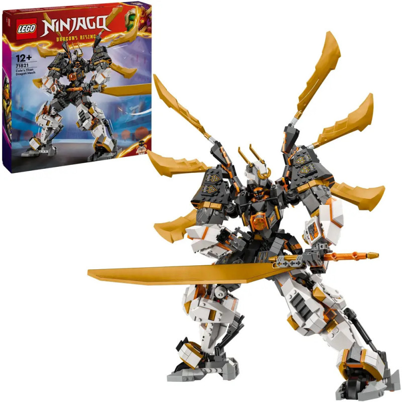 LEGO Ninjago Drachen-Mech mit goldenen Schwertern, präsentiert vor seiner Verpackung. LEGO Ninjago Drachen-Mech mit goldenen Schwertern, präsentiert vor seiner Verpackung.