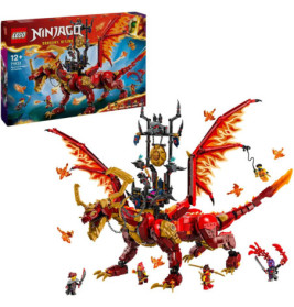 LEGO Ninjago Set mit rot-goldenem Drachen, Minifiguren und Verpackung im Hintergrund.