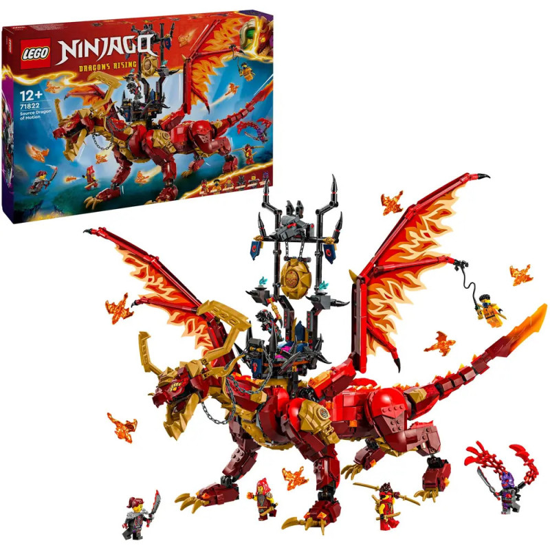 LEGO Ninjago Set mit rot-goldenem Drachen, Minifiguren und Verpackung im Hintergrund. LEGO Ninjago Set mit rot-goldenem Drachen, Minifiguren und Verpackung im Hintergrund.