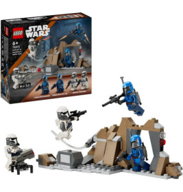 LEGO Star Wars Mandalorian Battle Pack mit Minifiguren, Felsgelände und Verpackung im Hintergrund.