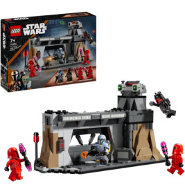 LEGO Star Wars Set mit Figuren und Festung, Box und aufgebautes Modell mit Minifiguren in Actionposen.