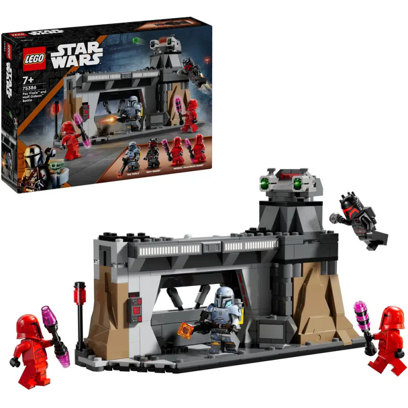 LEGO Star Wars Set mit Figuren und Festung, Box und aufgebautes Modell mit Minifiguren in Actionposen. LEGO Star Wars Set mit Figuren und Festung, Box und aufgebautes Modell mit Minifiguren in Actionposen.