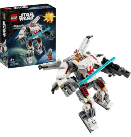 LEGO Star Wars Set: Weiß-roter Mech-Anzug, Minifigur mit Lichtschwert, Verpackung im Hintergrund.