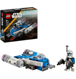 LEGO Star Wars Set mit blau-grauem Raumschiff und Minifigur mit Helm und Waffe.