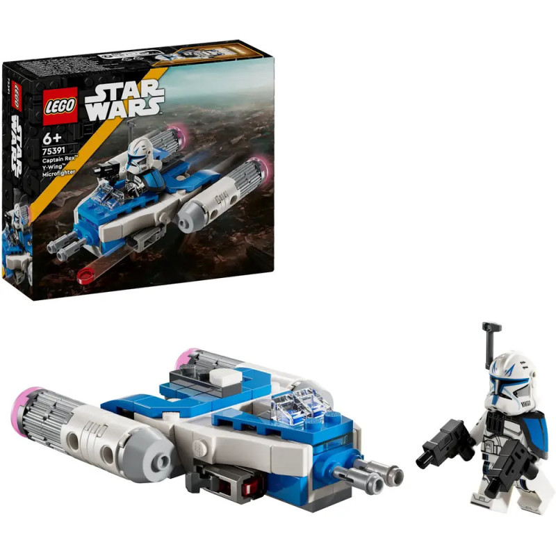 LEGO Star Wars Set mit blau-grauem Raumschiff und Minifigur mit Helm und Waffe.