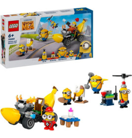 LEGO Minions Set mit Figuren, Bananenauto, Zubehör und Box im Hintergrund.