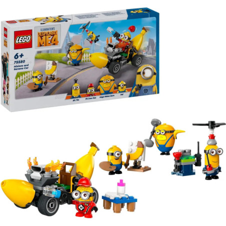 LEGO Minions Set mit Figuren, Bananenauto, Zubehör und Box im Hintergrund.