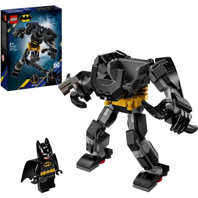 LEGO Batman Set mit schwarzem Mech-Anzug, Batman-Minifigur und Verpackung im Hintergrund.