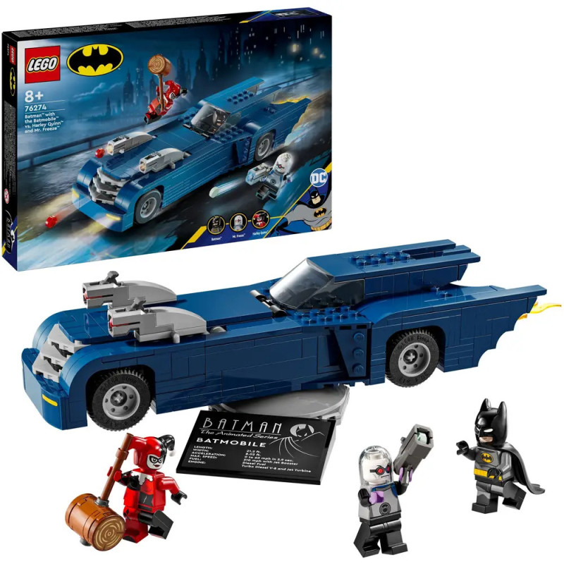 LEGO Batmobile mit Minifiguren von Batman, dem Pinguin und Harley Quinn sowie der Box im Hintergrund.