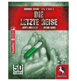 Grünes Cover: Eine Hand hält ein Fläschchen, dazu der Titel Die Letzte Reise und das Pegasus Spiele-Logo.