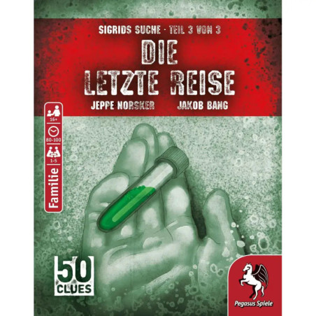 Grünes Cover: Eine Hand hält ein Fläschchen, dazu der Titel Die Letzte Reise und das Pegasus Spiele-Logo.