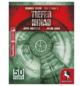 Grüne Stahltür mit Leiter auf einer rot-schwarzen Spielebox mit der Aufschrift Tiefer Hinab.