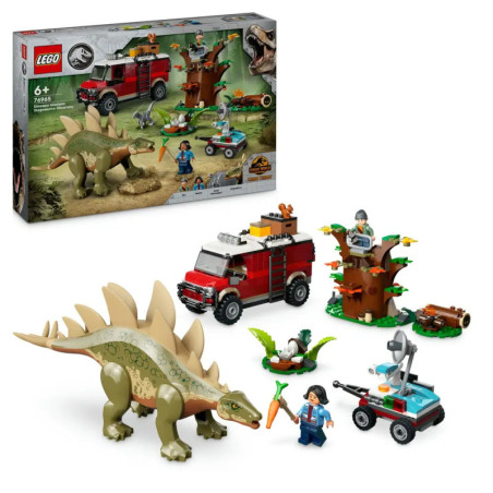 LEGO Jurassic World Set mit Dinosaurier, rotem Truck, Baumhaus, Mini-Rover und zwei Minifiguren.