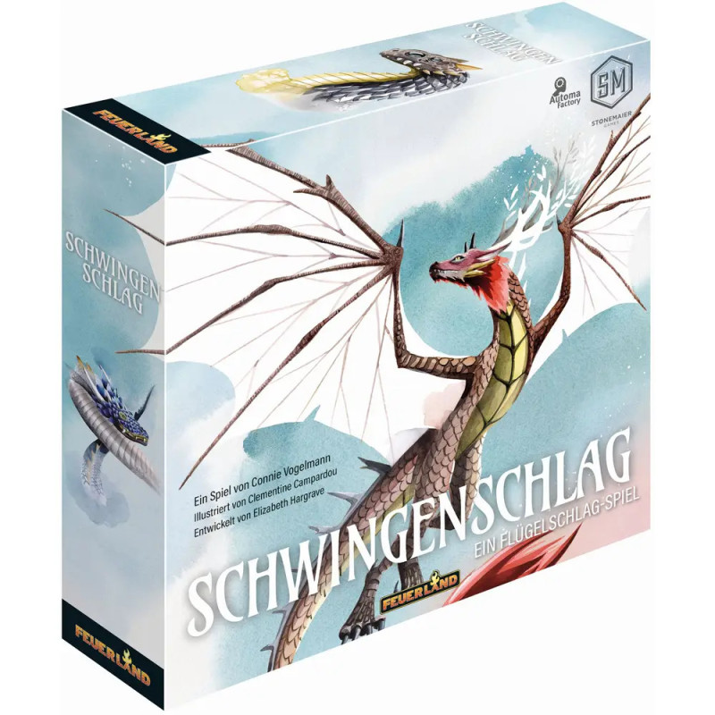 Boxcover des Brettspiels Schwingen Schlag mit einem Drachen vor wolkigem Himmel und ausgebreiteten Flügeln.