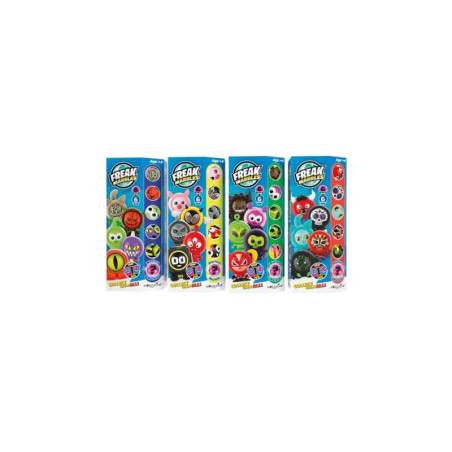 Vier bunte FREAK Shake Spielball-Packs, jeweils mit verschiedenen Charaktergesichtern und auffälligen Designs.