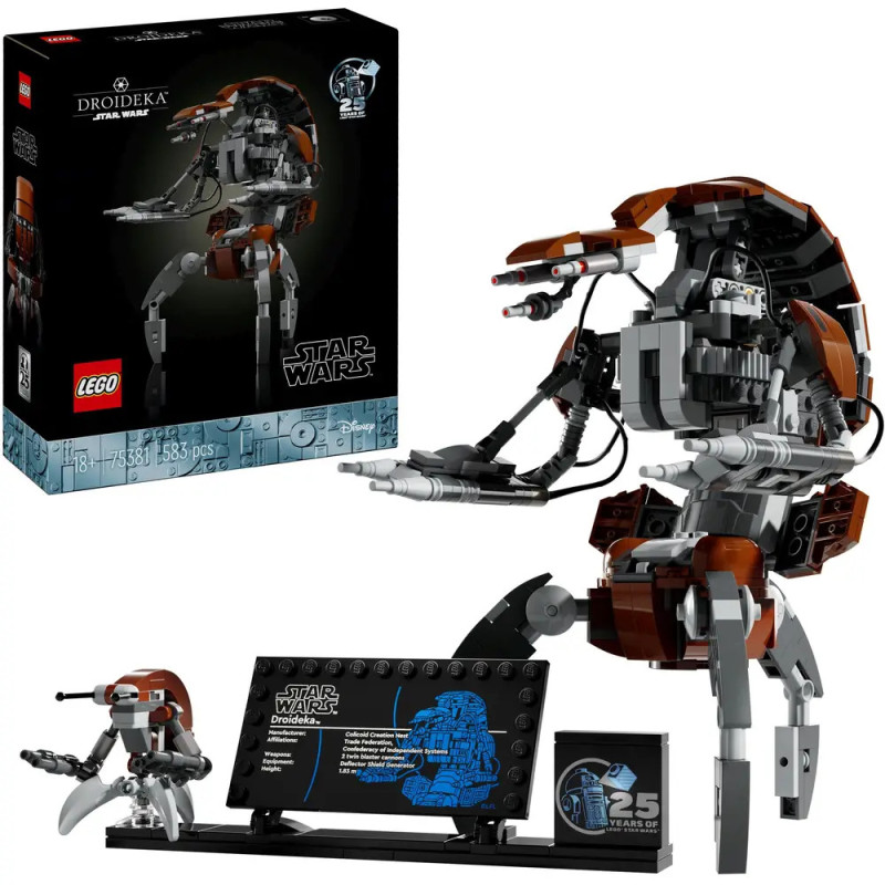 LEGO Star Wars Droideka Bauset mit Präsentationsschild und spezieller Box zum 25-jährigen Jubiläum.