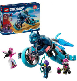 LEGO DREAMZzz Set mit blauem Katzen-Motorrad, zwei Minifiguren, einer Krähe und Verpackung im Hintergrund.