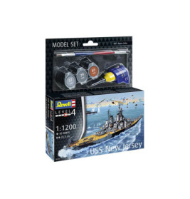 Revell USS New Jersey Modellbausatz mit Farben, Kleber, Pinsel und bebilderter Box mit Schlachtschiff-Abbildung.