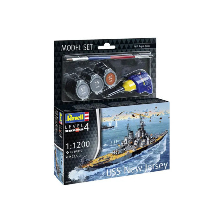 Revell USS New Jersey Modellbausatz mit Farben, Kleber, Pinsel und bebilderter Box mit Schlachtschiff-Abbildung.