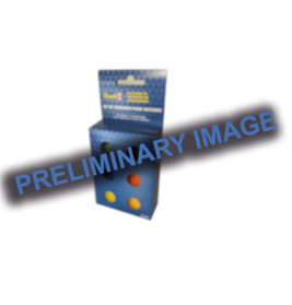 Verschwommene blaue Verpackung mit drei farbigen Kreisen und dem Schriftzug VORLÄUFIGES BILD.