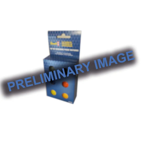 Verschwommene blaue Verpackung mit drei farbigen Kreisen und dem Schriftzug VORLÄUFIGES BILD.