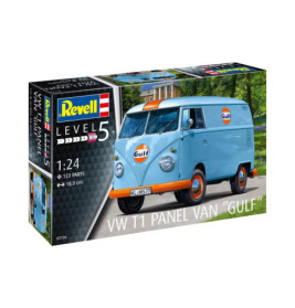 Revell VW T1 Kastenwagen Gulf Modellbausatz mit blauer Karosserie und orangefarbenen Details auf dem Boxcover.