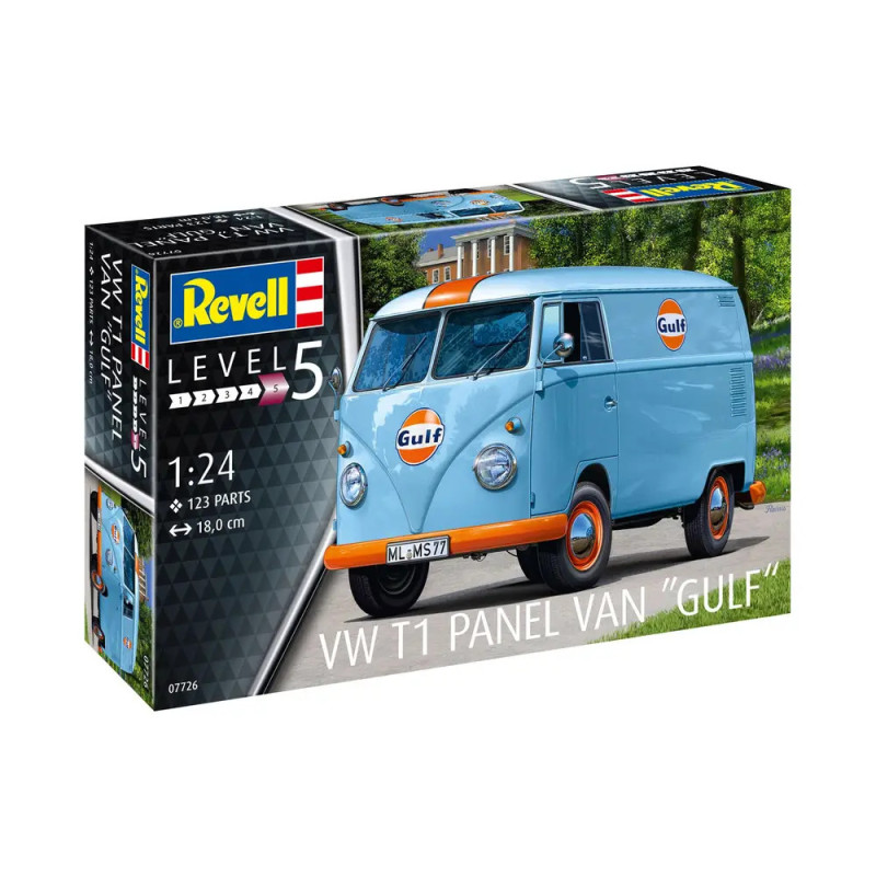 Revell VW T1 Kastenwagen Gulf Modellbausatz mit blauer Karosserie und orangefarbenen Details auf dem Boxcover.