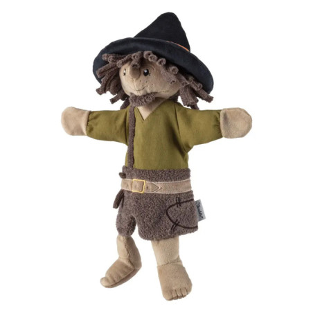 Plüsch-Strohpuppe mit dunklem Hut, grünem Hemd, brauner Hose, Gürtel und Tasche.