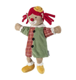 Plüsch-Handpuppe eines lächelnden Clowns mit roten Wollhaaren, grün-kariertem Outfit und gelben Schuhen.