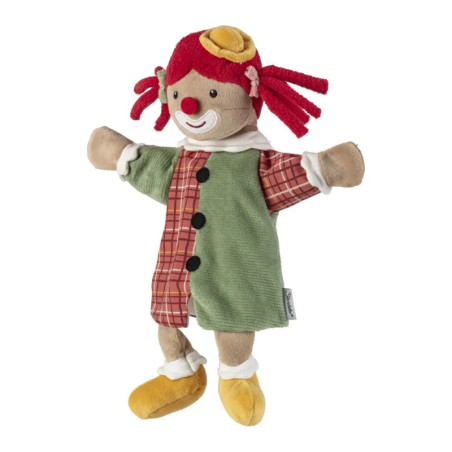 Plüsch-Handpuppe eines lächelnden Clowns mit roten Wollhaaren, grün-kariertem Outfit und gelben Schuhen.