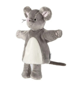 Grau-weiße Plüsch-Maus-Handpuppe mit großen Ohren, rosa Nase und langem Schwanz.