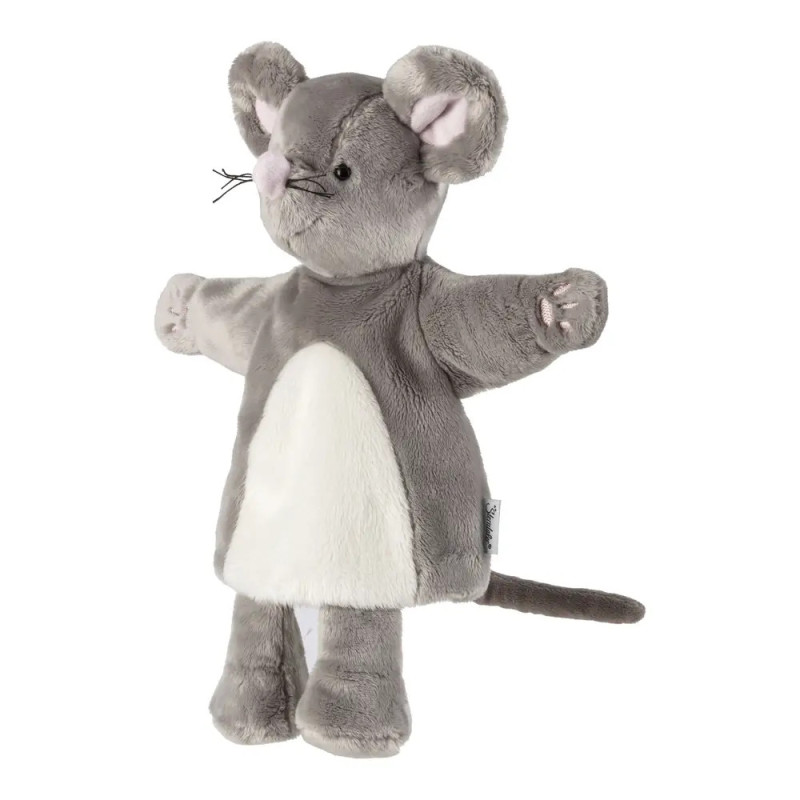 Grau-weiße Plüsch-Maus-Handpuppe mit großen Ohren, rosa Nase und langem Schwanz.