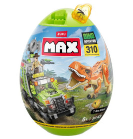 Eiförmiges Zuru MAX Dino Adventure Spielzeugset mit T-Rex und Safari-Fahrzeug auf dem Label, 310 Teile.