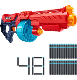 Roter und blauer Spielzeug-Dartblaster mit Trommel, darunter 48 sortierte Schaumstoffpfeile.