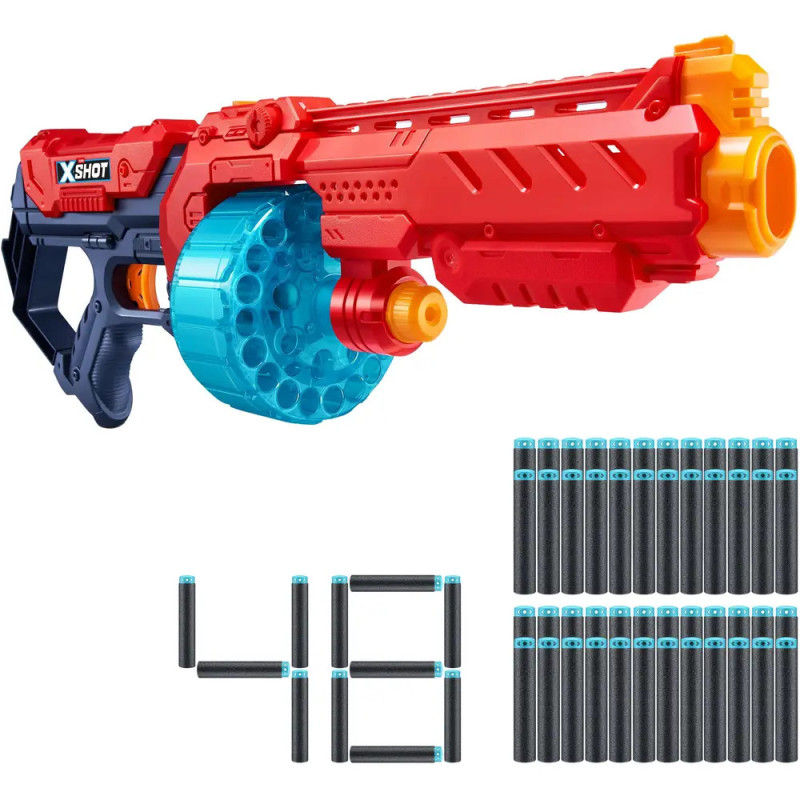 Roter und blauer Spielzeug-Dartblaster mit Trommel, darunter 48 sortierte Schaumstoffpfeile.