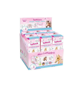 Display-Box mit Kinder-Tattoos im Pferde-Design, pastellrosa und blauer Verpackung, mit Pferdebildern.
