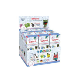 Box mit temporären Kindertattoos, Monster-Motiv, bunte Cartoon-Monster auf der Verpackung.