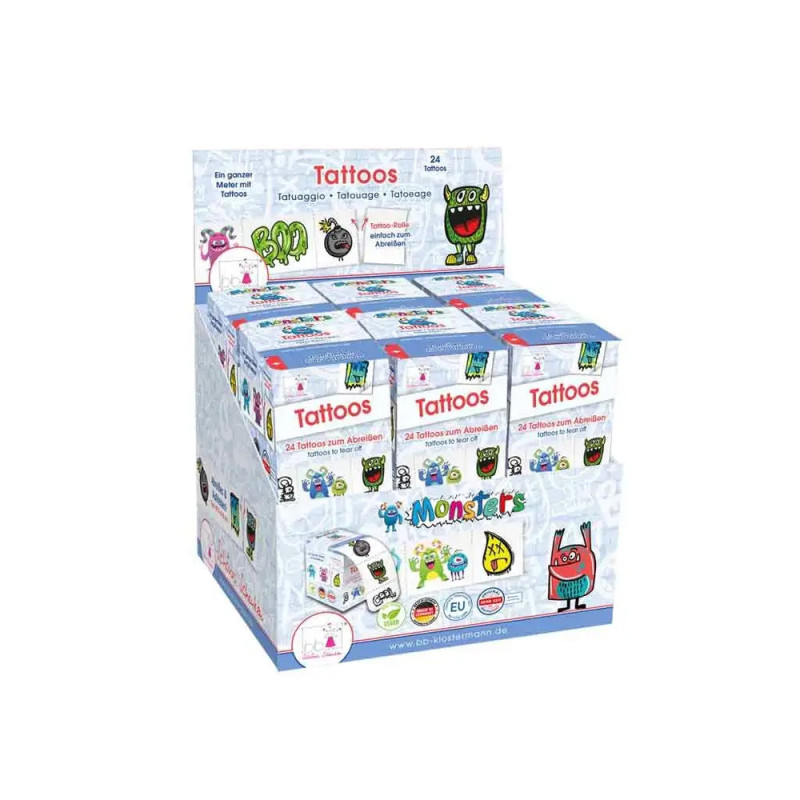 Box mit temporären Kindertattoos, Monster-Motiv, bunte Cartoon-Monster auf der Verpackung.