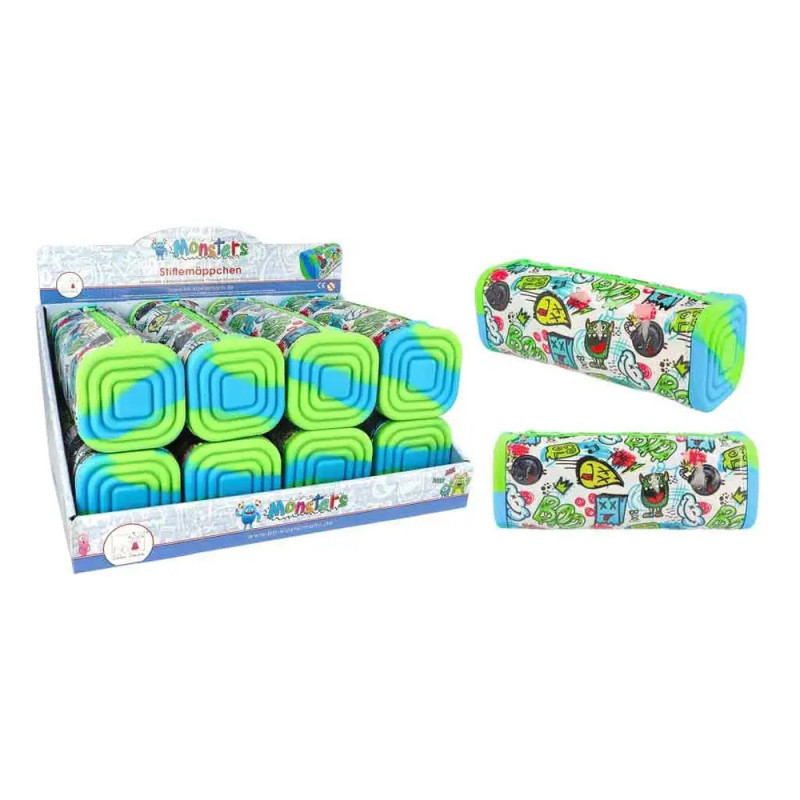 Box mit bunten, rechteckigen Federmäppchen, blauen und grünen Enden sowie Graffiti-Designs an den Seiten.