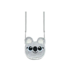 Graue Plüsch-Koala-Tasche mit großen Augen und silberner Kette, fotografiert vor weißem Hintergrund.