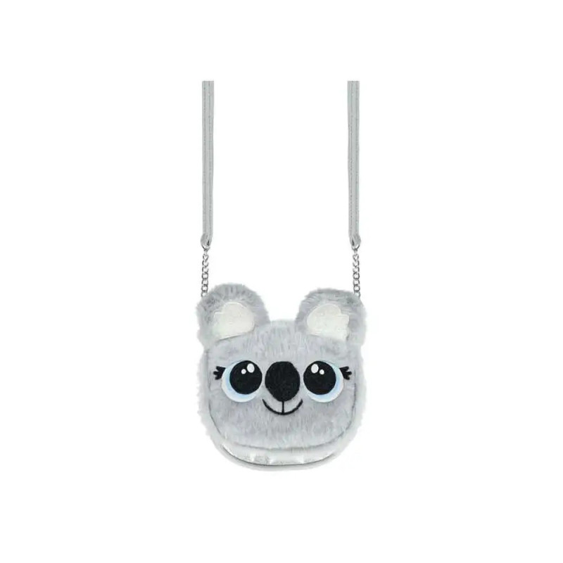 Graue Plüsch-Koala-Tasche mit großen Augen und silberner Kette, fotografiert vor weißem Hintergrund. Graue Plüsch-Koala-Tasche mit großen Augen und silberner Kette, fotografiert vor weißem Hintergrund.