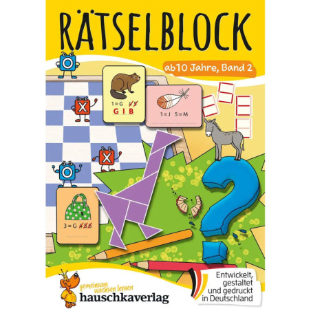 Buntes deutsches Rätselbuch mit Tieren, Tangram und Matheaufgaben: Rätselblock ab 10 Jahre, Band 2.