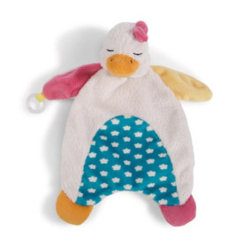 Plüsch-Entenspielzeug mit blau gepunktetem Bauch, geschlossenen Augen sowie bunten Flügeln und Füßen.