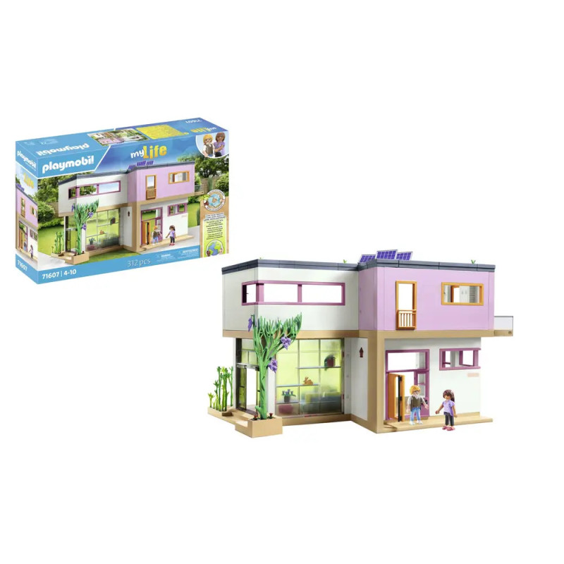 Playmobil Modernes Haus Set: Zweistöckiges Haus und zwei Figuren vor dem Haus, Verpackung im Hintergrund.